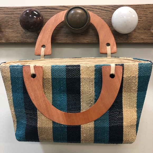Clutch striped blue & beige with wooden handles. - Picture 2 of 8